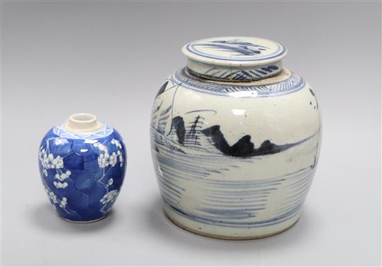 Two Chinese blue and white jars, 19th century tallest 19cm - one lacking cover